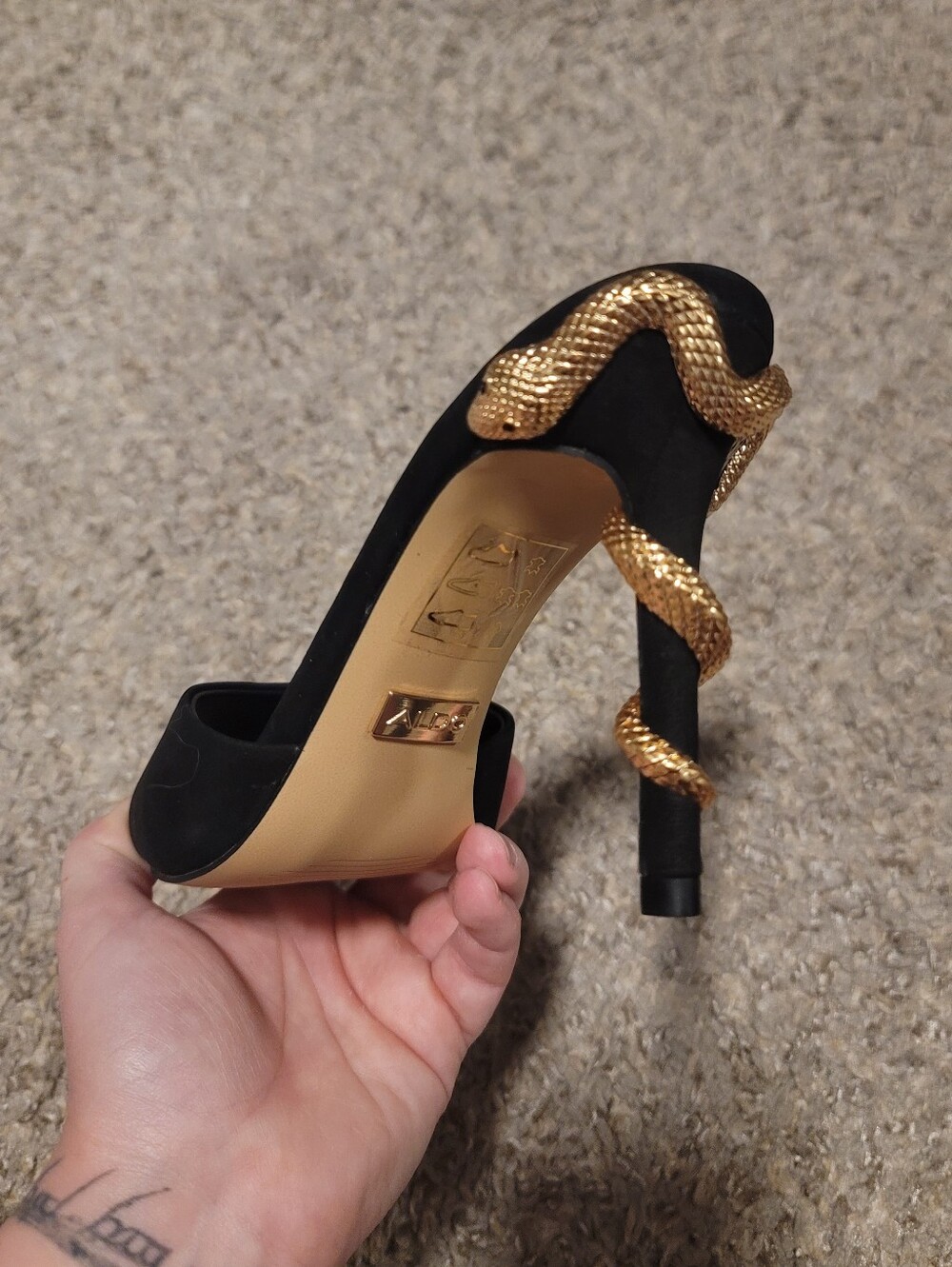 Aldo Seashella Slip On Stiletto Heels Mule Sandals Black Suede Gold Snake 6 - Picture 6 of 13